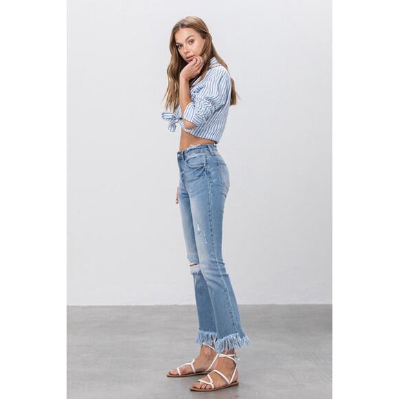 Insane Gene Mid Rise Long Bottom Frayed Crop Flare Jeans - INI90R - Size 7/27 - Picture 8 of 13